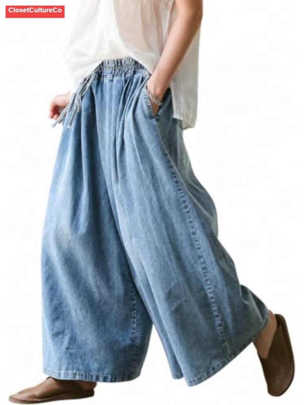 Women's Plus Size Wide Leg Baggy Jeans Elastic Waist Denim Pants Deep Pockets